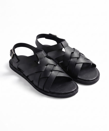 Ombra – Black Leather Criss Cross Sandals for Men